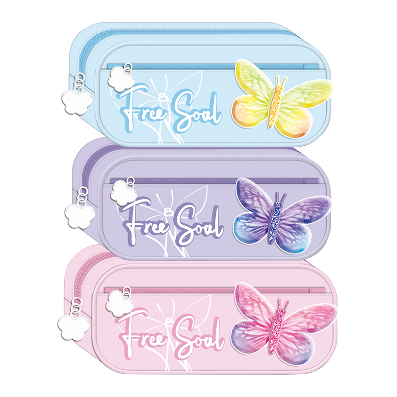 Rubber Stereoscopic Pink Purple Pencil Bag with Butterfly Pendant