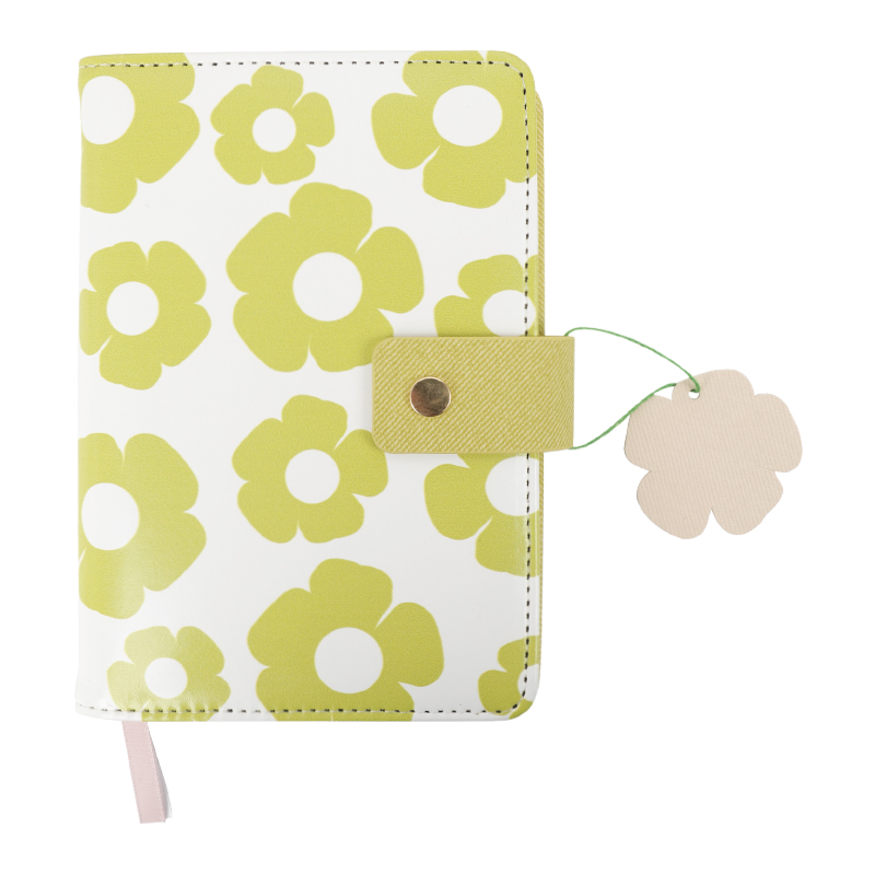 PU leather White Yellow Flower Notebook with Buttons Card Slots